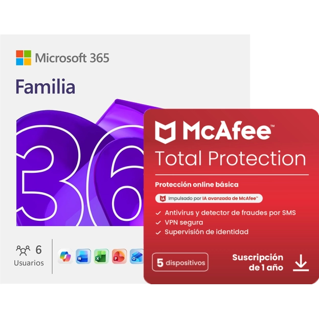 Microsoft 365 Familia + McAfee Total Protection | 5 Dispositivos | 1 Año