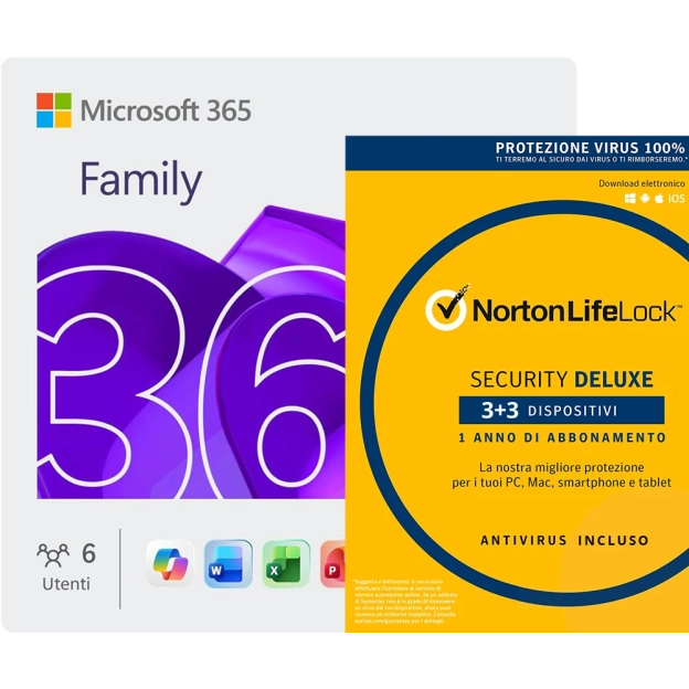 Microsoft 365 Family + Norton Security Deluxe | 6 Dispositivi | 1 Anno