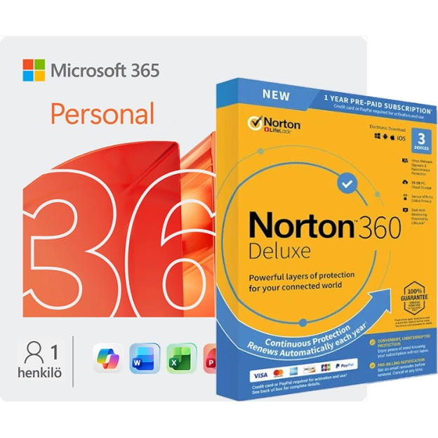 Microsoft 365 Personal + Norton 360 Deluxe | 3 laitetta | 1 vuosi