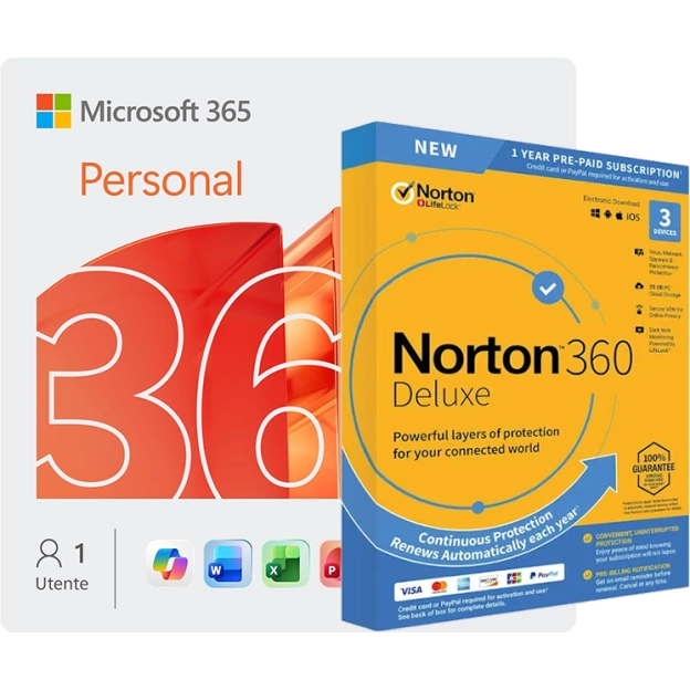 Microsoft 365 Personal + Norton 360 Deluxe | 3 Dispositivi | 1 Anno