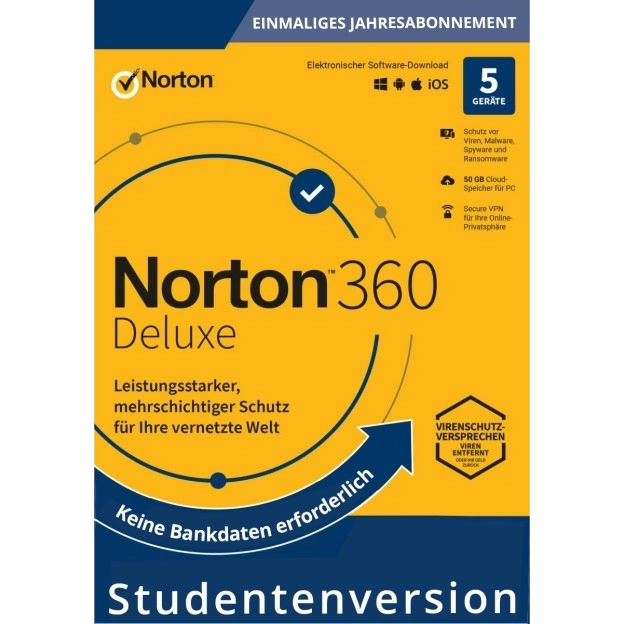 Norton 360 Deluxe | 5 Geräte | Studentenversion | Einmaliges Abonnement | 2026 | 50 GB Cloud-Speicher