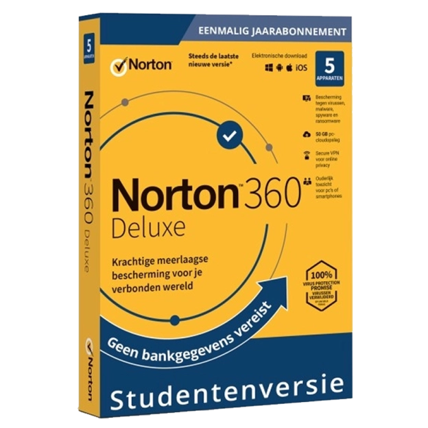 Norton 360 Deluxe | 5 Apparaten | Studentenversie | Eenmalig Jaarabonnement | 2026 | 50 GB Cloud Opslag