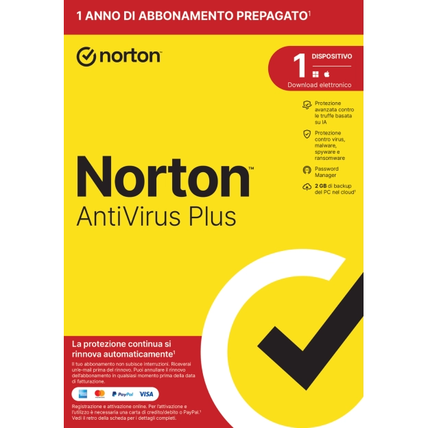 Norton Antivirus Plus | 1 dispositivo | 1 anno | 2 GB di backup nel cloud